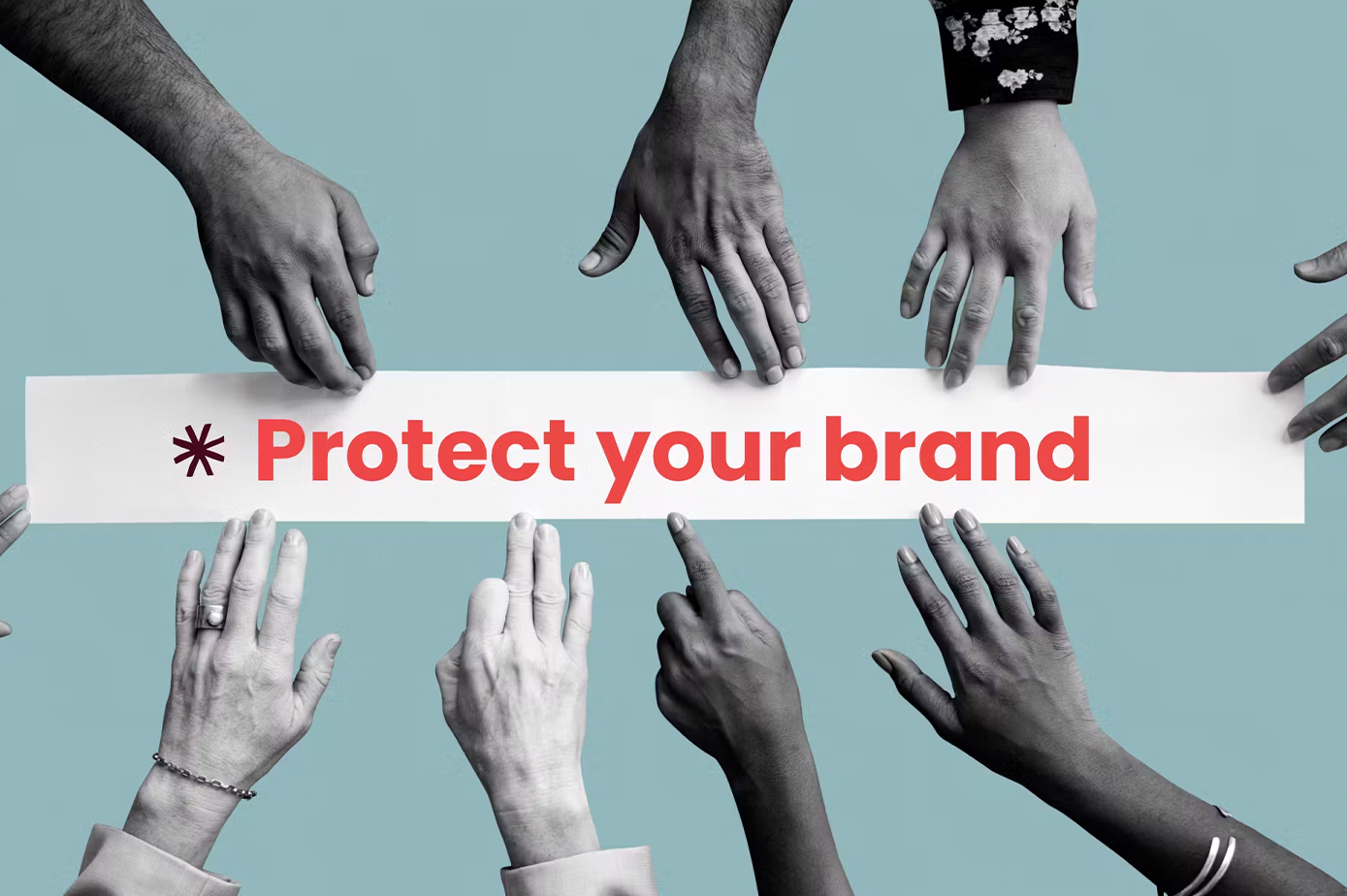 A picture of seven hands reachin to a title saying 'Protect your Brand'