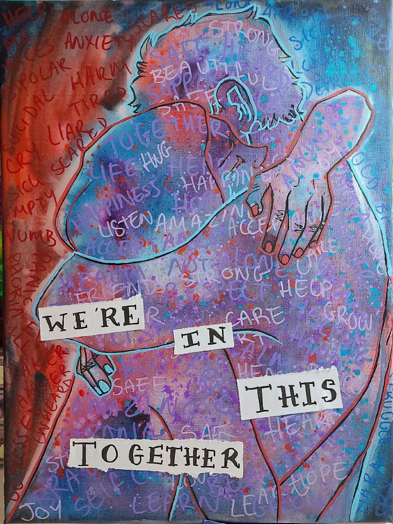 Artwork of two people hugging
